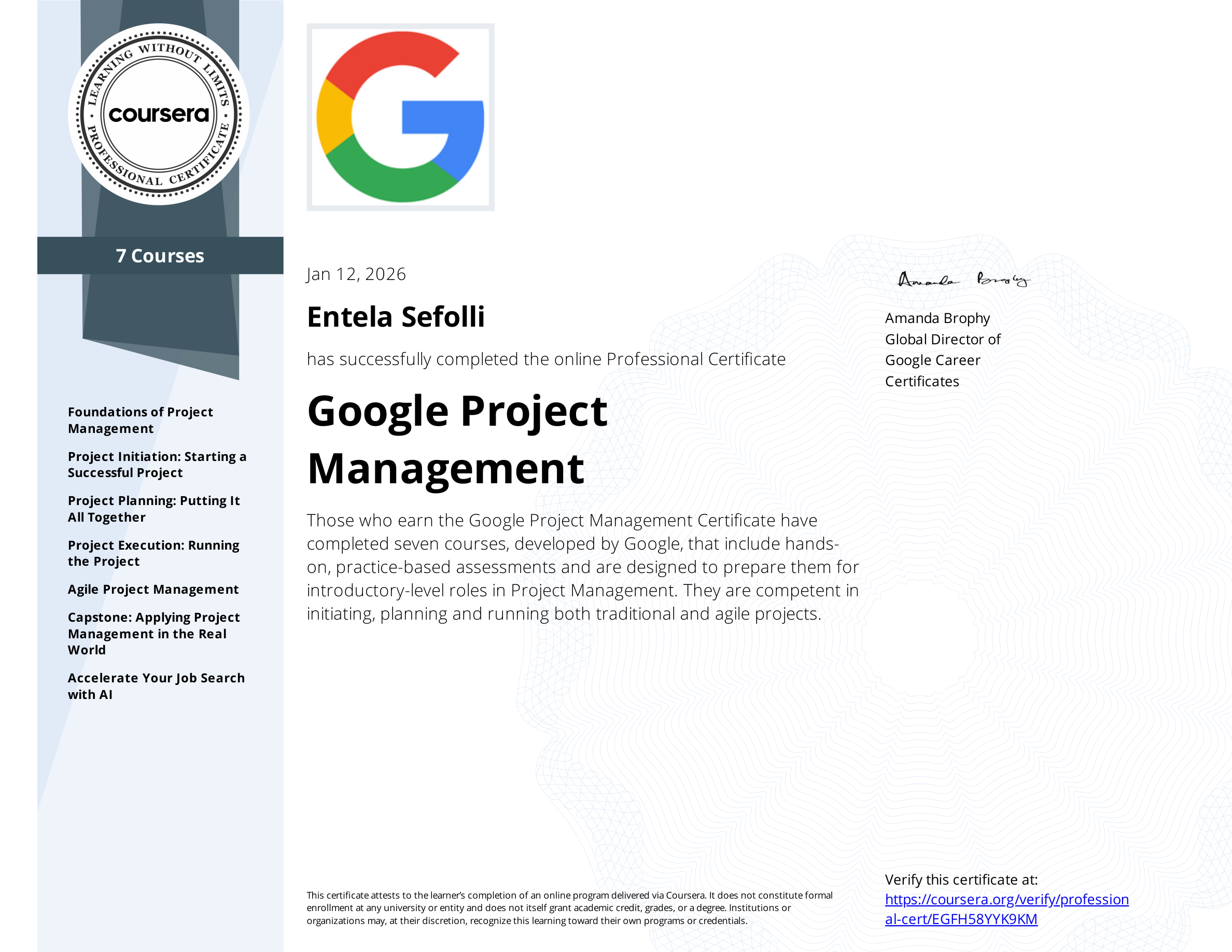 Google Project Management Professional Certificate for Entela Sefolli